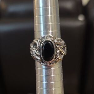 Intricate Drahon Sterling Silver and Black Stone Ring, Size 10
